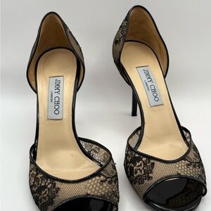 Jimmy Choo Black Lace and Nude Peep-Toe Stiletto Heels